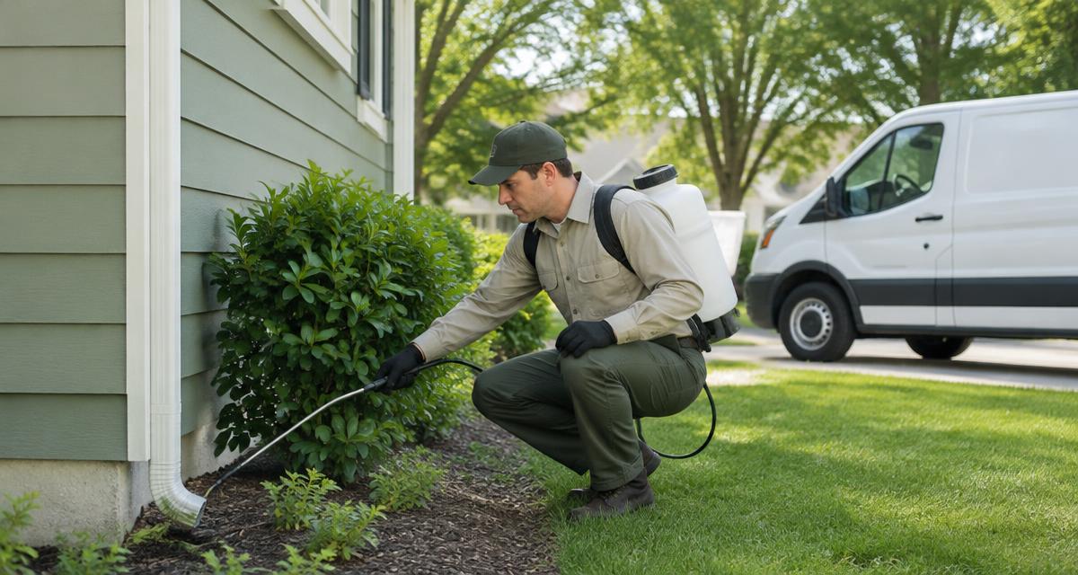 Pest control technician reviewing a captured service request beside a work vehicle